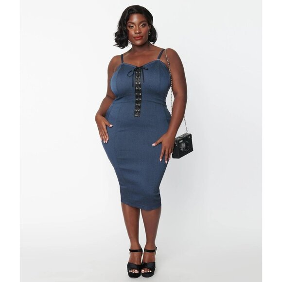 Unique Vintage Dresses & Skirts - Unique Vintage Plus Size Dark Denim Corset Ellison Wiggle Dress 1X/16